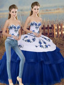 Royal Blue Tulle Lace Up Sweetheart Sleeveless Floor Length Ball Gown Prom Dress Embroidery and Bowknot