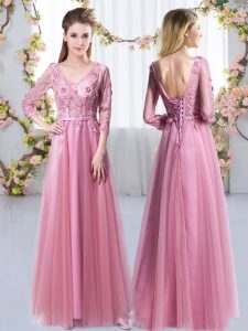 Luxurious Floor Length Pink Vestidos de Damas Tulle 3 4 Length Sleeve Lace and Appliques