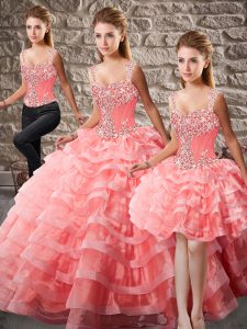 Watermelon Red Sleeveless Organza Court Train Lace Up 15 Quinceanera Dress for Quinceanera