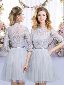 Lace and Belt Dama Dress for Quinceanera Grey Zipper Half Sleeves Mini Length