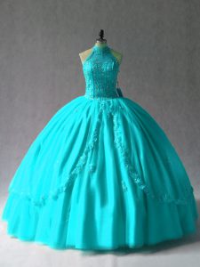 Latest Aqua Blue Ball Gowns Halter Top Sleeveless Tulle Floor Length Lace Up Appliques Quinceanera Dress