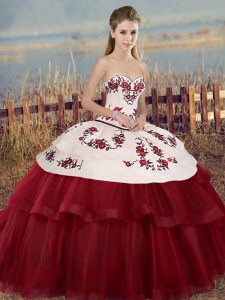 Fabulous White And Red Sleeveless Floor Length Embroidery and Bowknot Lace Up 15th Birthday Dress