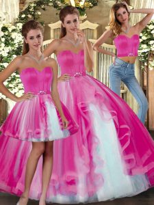 Dramatic Sleeveless Floor Length Beading Lace Up Quinceanera Gowns with Fuchsia
