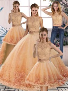 Spectacular Gold and Peach Ball Gowns Tulle Scalloped Sleeveless Lace Backless Quinceanera Dress Sweep Train