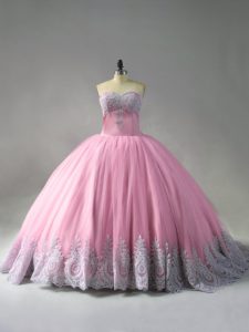 Exquisite Pink Ball Gowns Tulle Sweetheart Sleeveless Beading and Appliques Lace Up Sweet 16 Dresses Court Train