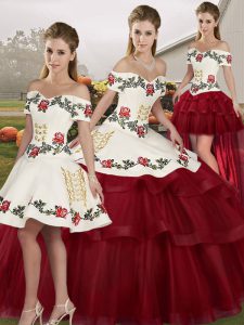 Custom Fit Wine Red Tulle Lace Up Off The Shoulder Sleeveless Sweet 16 Quinceanera Dress Brush Train Embroidery and Ruffled Layers
