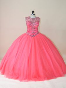 Floor Length Watermelon Red Ball Gown Prom Dress Tulle Sleeveless Beading