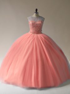 Peach Tulle Lace Up Scoop Sleeveless Floor Length Quinceanera Gown Beading