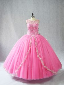 Fashionable Rose Pink Lace Up Scoop Beading and Appliques Quince Ball Gowns Tulle Sleeveless