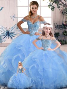 Fashion Off The Shoulder Sleeveless Ball Gown Prom Dress Floor Length Beading and Ruffles Blue Tulle