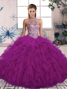 Suitable Purple Halter Top Neckline Beading and Ruffles Quince Ball Gowns Sleeveless Lace Up