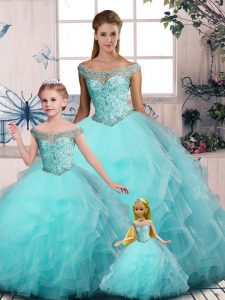 Extravagant Off The Shoulder Sleeveless Tulle Quinceanera Dress Embroidery and Ruffles Lace Up
