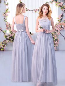 Perfect Grey Empire Scoop Sleeveless Tulle Floor Length Side Zipper Lace and Belt Quinceanera Dama Dress