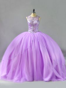 Dazzling Lavender Ball Gowns Tulle Scoop Sleeveless Beading Floor Length Lace Up Sweet 16 Dress
