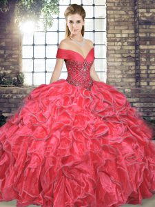 Beading and Ruffles Quinceanera Dress Coral Red Lace Up Sleeveless Floor Length
