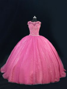 Pretty Floor Length Hot Pink Sweet 16 Quinceanera Dress Tulle Sleeveless Beading and Lace and Sequins