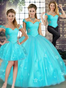 Smart Floor Length Three Pieces Sleeveless Aqua Blue Quinceanera Gowns Lace Up