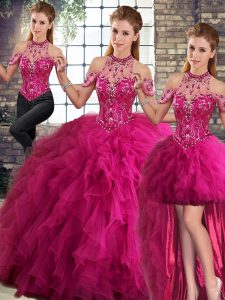 Fuchsia Halter Top Lace Up Beading and Ruffles 15th Birthday Dress Sleeveless