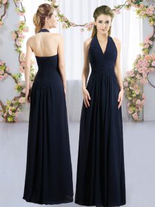 Exquisite Navy Blue Sleeveless Floor Length Ruching Lace Up Dama Dress for Quinceanera