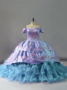 Stylish Blue Ball Gowns Off The Shoulder Sleeveless Organza Chapel Train Lace Up Ruffles 15 Quinceanera Dress