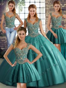 Sexy Tulle Straps Sleeveless Lace Up Beading and Appliques Quinceanera Dresses in Teal