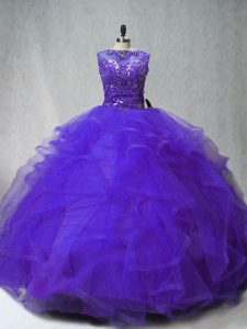 Graceful Purple 15 Quinceanera Dress Sweet 16 and Quinceanera with Beading and Ruffles Scoop Sleeveless Brush Train Lace Up