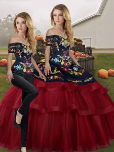 Tulle Off The Shoulder Sleeveless Brush Train Lace Up Embroidery and Ruffled Layers Quinceanera Dress in Wine Red