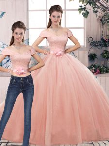 Colorful Pink Tulle Lace Up Off The Shoulder Short Sleeves Floor Length Vestidos de Quinceanera Lace and Hand Made Flower