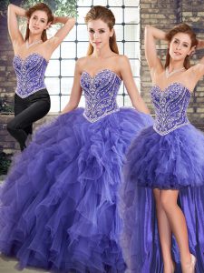 Graceful Lavender Tulle Lace Up Sweet 16 Quinceanera Dress Sleeveless Floor Length Beading and Ruffles