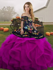Affordable Black And Purple Sleeveless Embroidery and Ruffles Floor Length 15 Quinceanera Dress