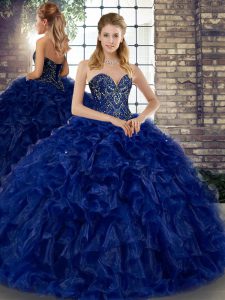 Latest Beading and Ruffles Quinceanera Dress Royal Blue Lace Up Sleeveless Floor Length