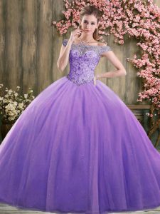 Custom Designed Tulle Off The Shoulder Sleeveless Lace Up Beading Quinceanera Dress in Lavender