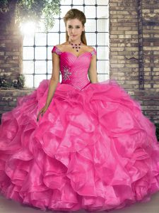 Ball Gowns Quinceanera Dress Hot Pink Off The Shoulder Organza Sleeveless Floor Length Lace Up
