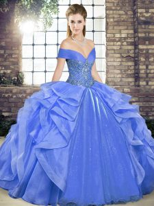 High End Off The Shoulder Sleeveless Quinceanera Dress Floor Length Beading and Ruffles Blue Organza