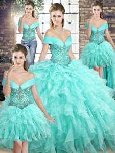 Latest Aqua Blue Lace Up Quinceanera Gown Beading and Ruffles Sleeveless Brush Train