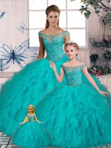 Enchanting Aqua Blue Vestidos de Quinceanera Sweet 16 and Quinceanera with Beading and Ruffles Off The Shoulder Sleeveless Brush Train Lace Up
