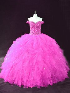 Fuchsia Tulle Lace Up Quinceanera Dresses Sleeveless Floor Length Beading and Ruffles