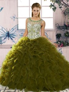 Floor Length Olive Green Quinceanera Gown Scoop Sleeveless Lace Up