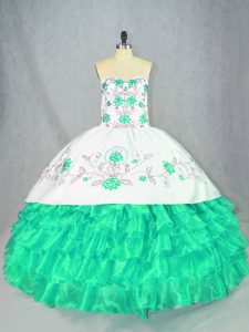 Enchanting Turquoise Organza Lace Up Sweet 16 Quinceanera Dress Sleeveless Floor Length Embroidery and Ruffled Layers