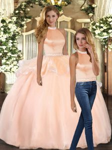 High End Peach Ball Gowns Beading Sweet 16 Dress Backless Organza Sleeveless Floor Length