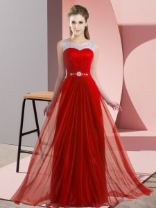 Fabulous Red Empire Beading Dama Dress Lace Up Chiffon Sleeveless Floor Length