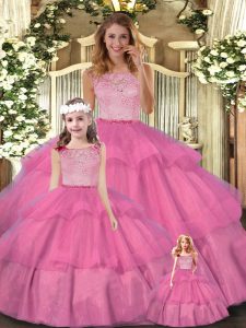 Luxury Hot Pink Sleeveless Floor Length Lace and Ruffled Layers Zipper 15 Quinceanera Dress
