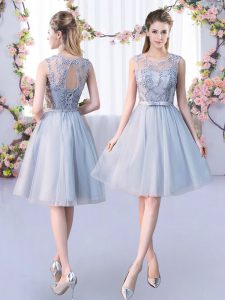 Grey Sleeveless Knee Length Lace and Belt Lace Up Quinceanera Dama Dress