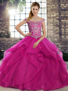 Inexpensive Ball Gowns Sleeveless Fuchsia Quinceanera Gown Brush Train Lace Up
