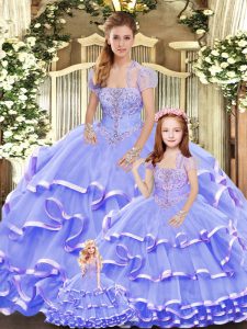 On Sale Lavender Organza Lace Up Strapless Sleeveless Floor Length Quince Ball Gowns Beading and Ruffled Layers
