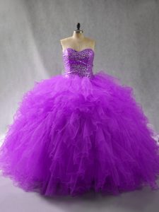Chic Purple Ball Gowns Tulle Sweetheart Sleeveless Beading and Ruffles Floor Length Lace Up Sweet 16 Dresses