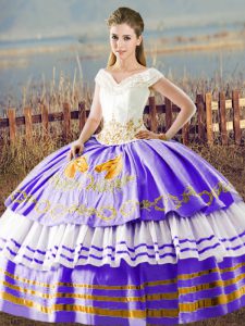 Nice White And Purple Sleeveless Floor Length Embroidery and Ruffled Layers Lace Up Quince Ball Gowns