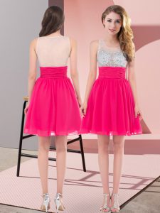 Adorable Scoop Sleeveless Court Dresses for Sweet 16 Mini Length Beading Hot Pink Chiffon