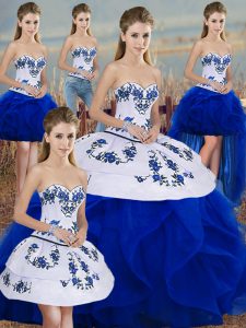 Royal Blue Tulle Lace Up Vestidos de Quinceanera Sleeveless Floor Length Embroidery and Ruffles and Bowknot