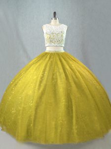 Great Scoop Sleeveless Zipper Quinceanera Gowns Olive Green Tulle